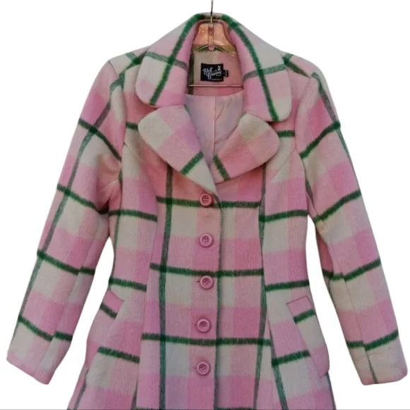 Hell bunny Millicent retro pink & green plaid peacoat womens sz small - Picture 3 of 15